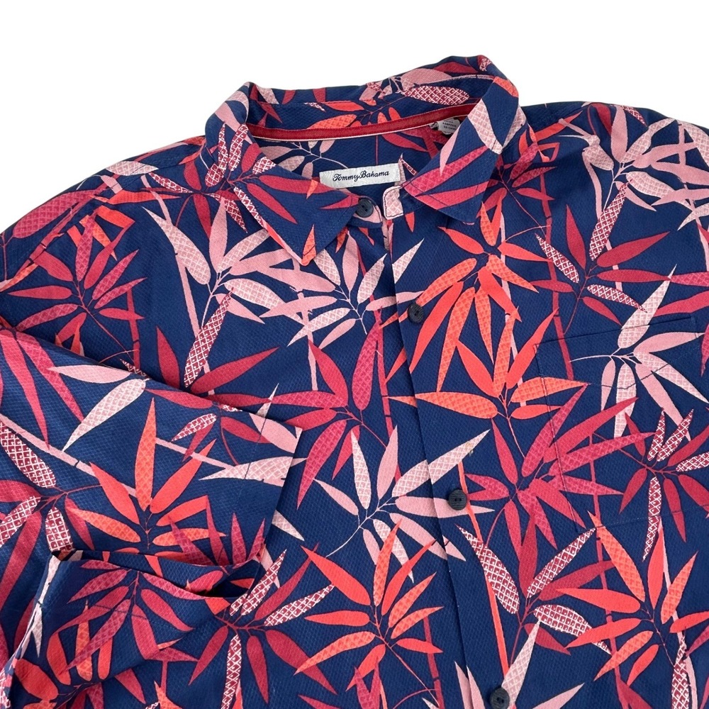 Tommy Bahama Mens XXXL Blue Red Bamboo Leaf Print Short Sleeve 100% Silk Shirt